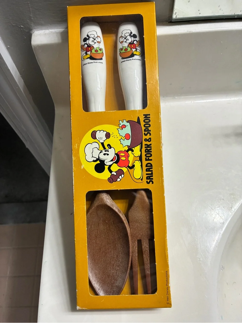 New in Box Disney Mickey Salad Fork & Spoon Set - White Handles with Mickey Art